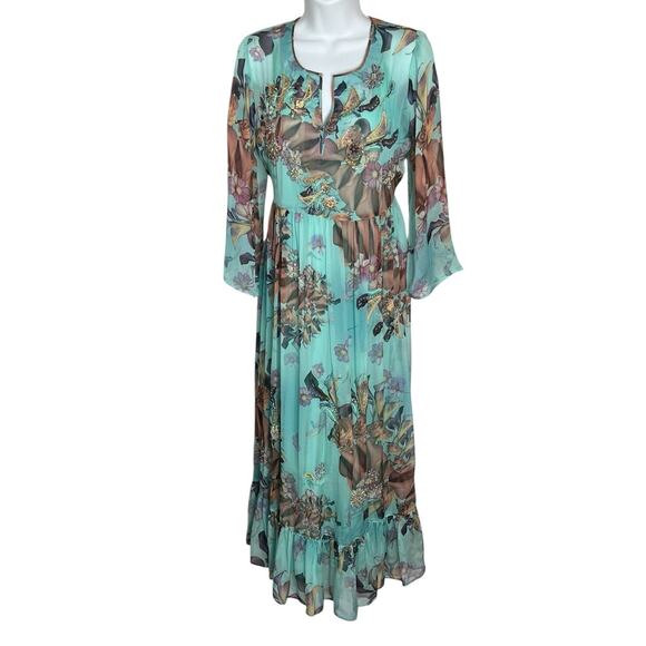 Leaves Of Grass Maxi Dress Sz 38 Medium 100% Silk Hand Embroidered Lined $495 - Picture 3 of 16